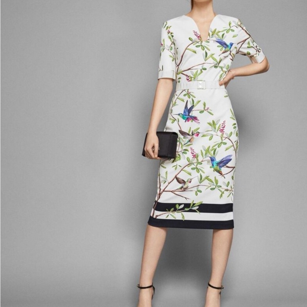 Ted Baker Everly Bird Print Short Sleeve Sheath Dress in White/Multi TB size: 1